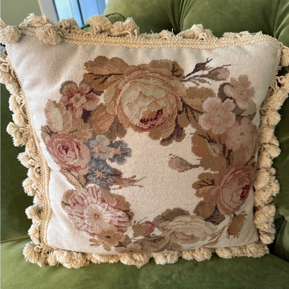 Floral Petit Point Needlepoint Pillow with Tassels